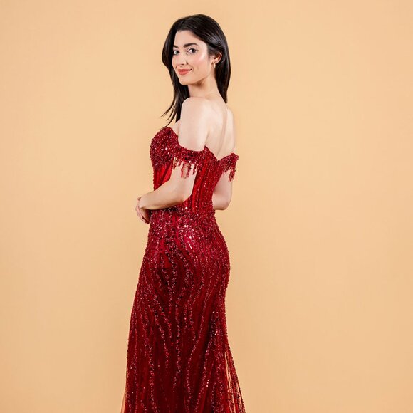 New Elegant Off Shoulder Tulle Dress w/ Beads Embroidery & Sheer Bodice GL3620 - Picture 10 of 15